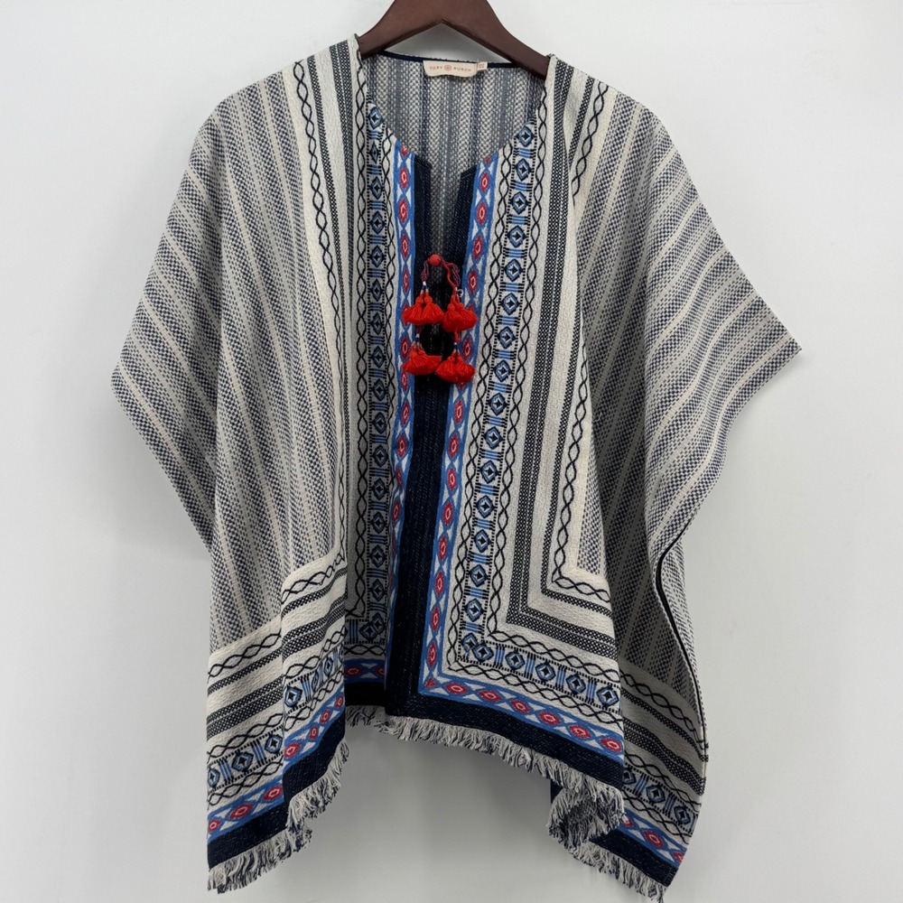 Tory Burch Navy Cream Geometric Tassel Woven Poncho Top 37173‎ XS/S